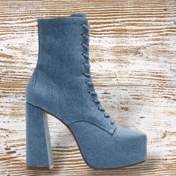 Steve Madden ‘Confident’ Lace Up Platform Block Heel Ankle Boots in Denim Fabric